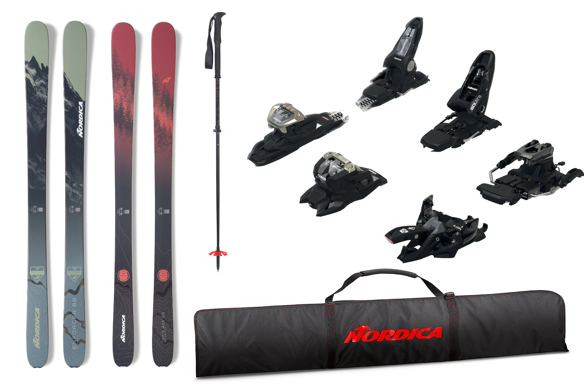 a bundle of ski gear, including men's and women's skis, poles, a ski bag and three types of bindings