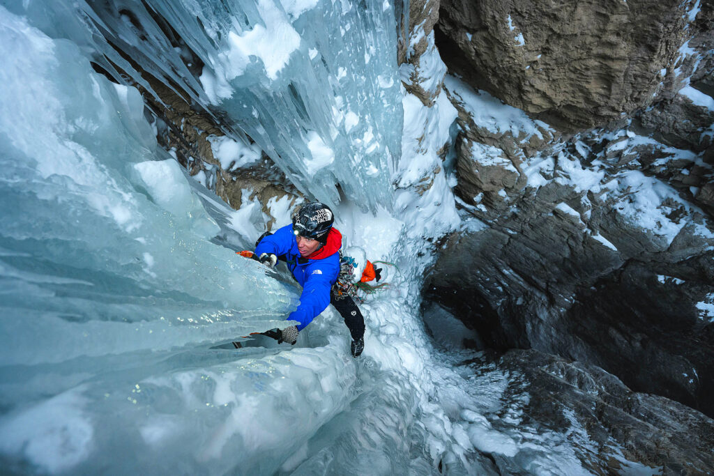 Sam Anthamatten ice climbing, shot from above