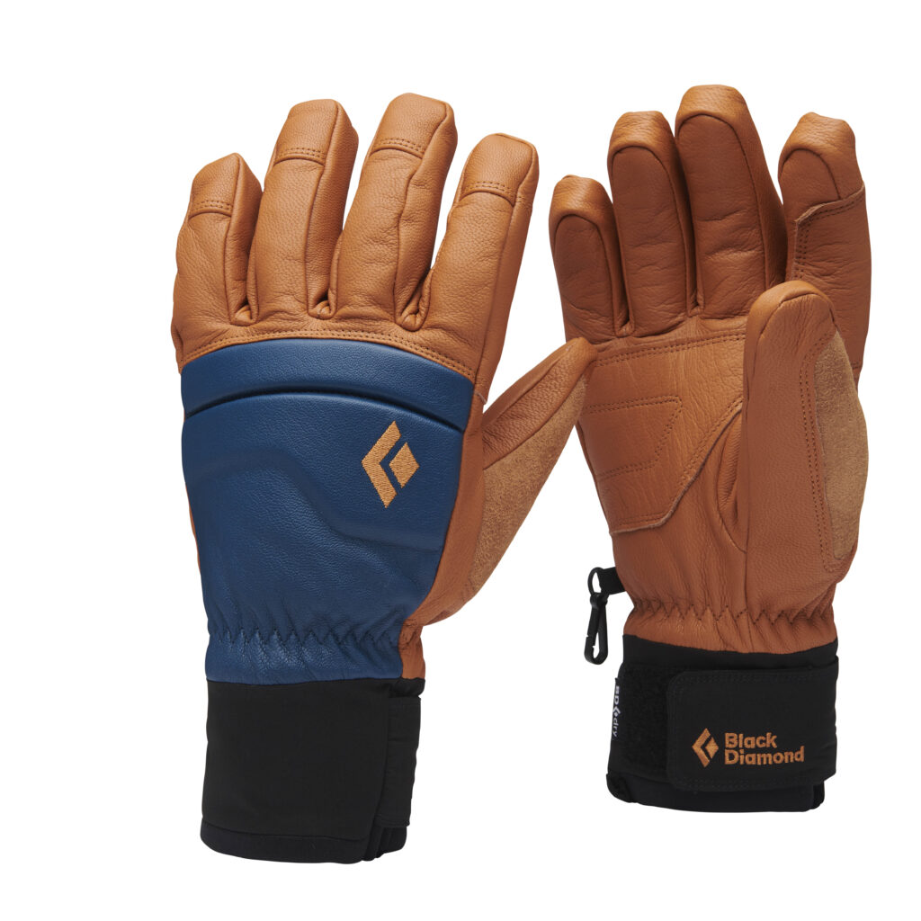 brown and navy leather ski gloves