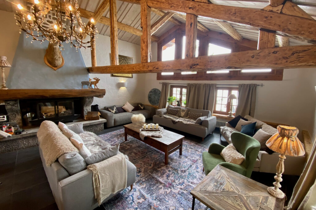 interior of a ski chalet, big beams and high ceilings