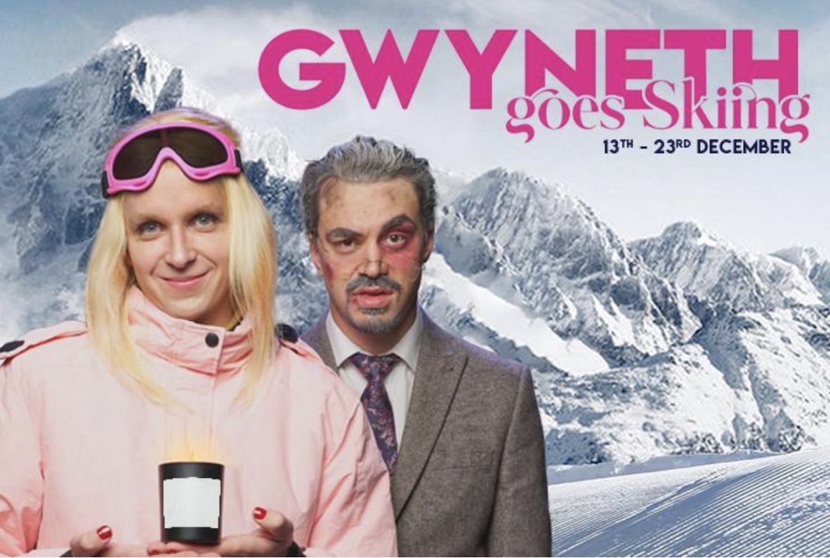 theatre poster for musical Gwyneth Goes Skiing - with bad makeup in what promises to be a tongue-in-cheek adaptation of the Hollywood ski crash