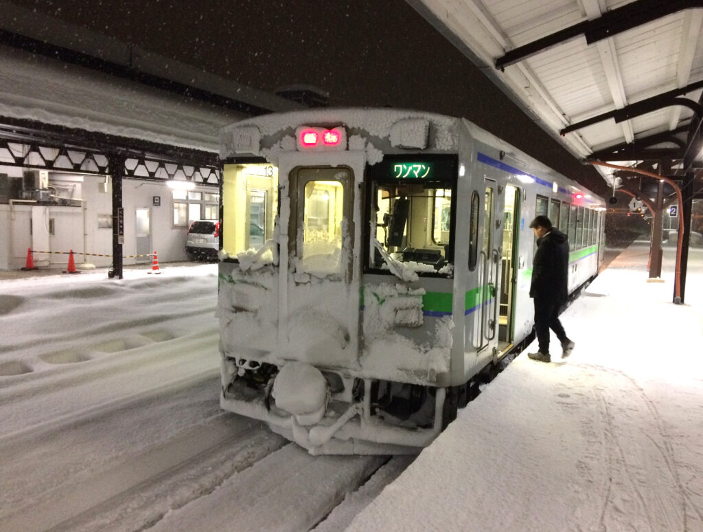 a snowy train in japan