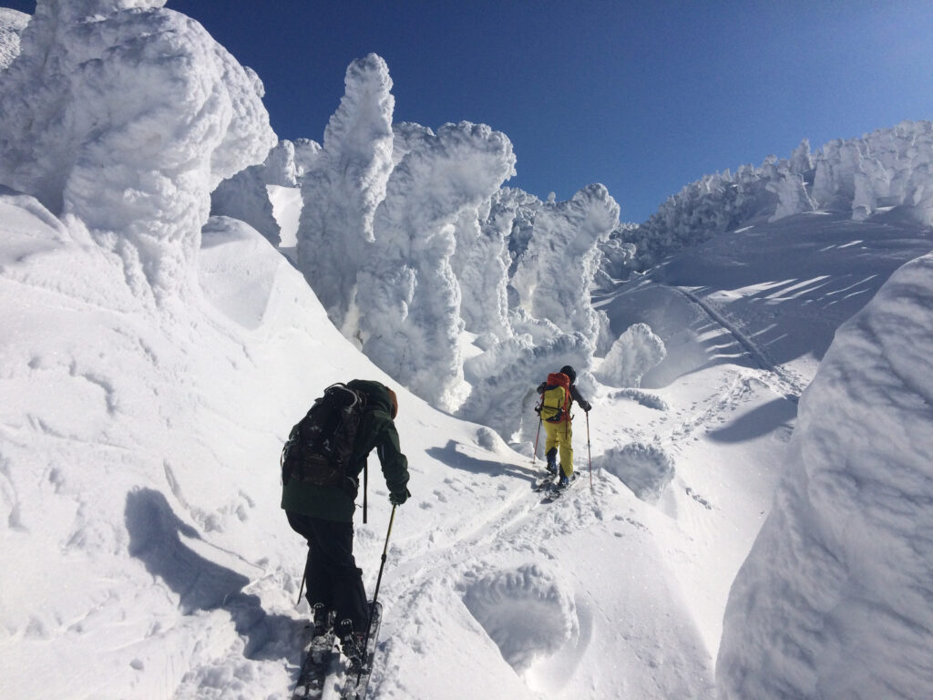 skiers push with poles on a flat path through snow monsters