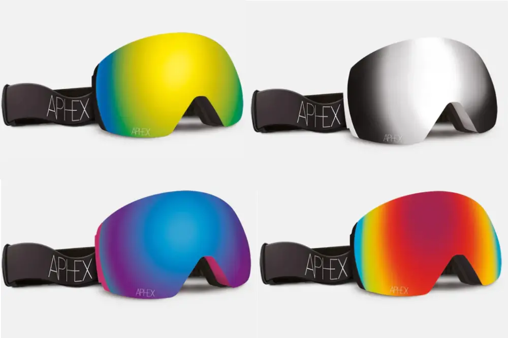 four sets of goggles with different coloured lenses