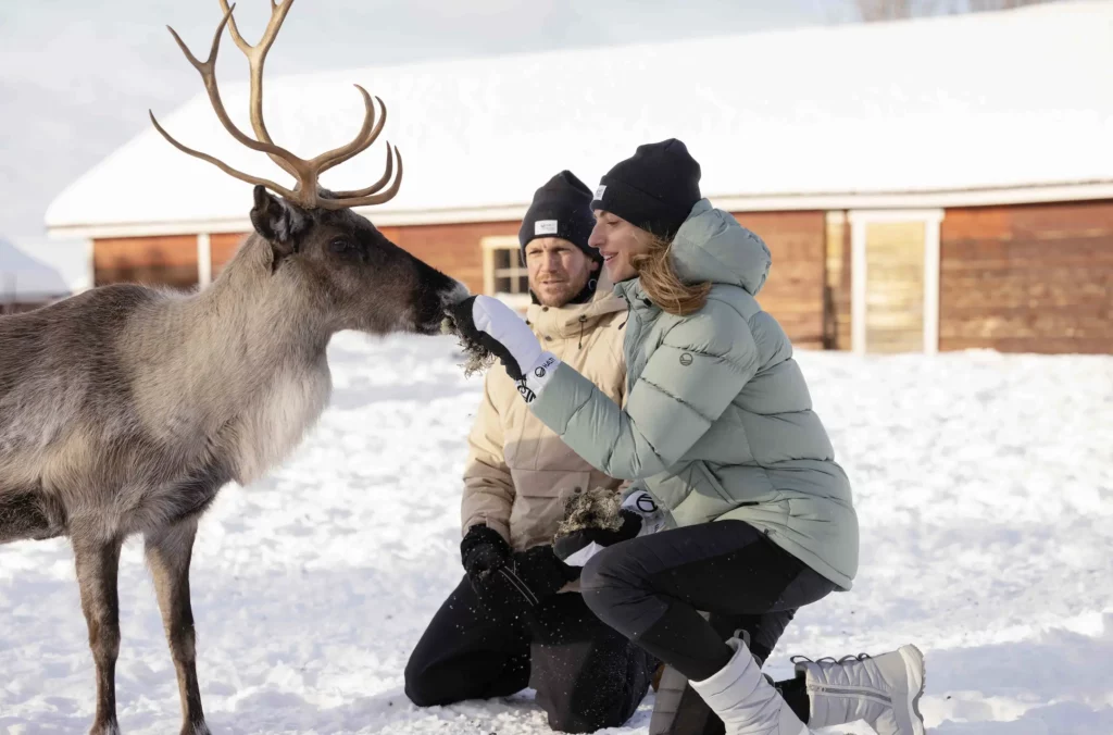 a man and woman pet a reindeer, themselves wrapped up in modern puffer jackets and snow boots