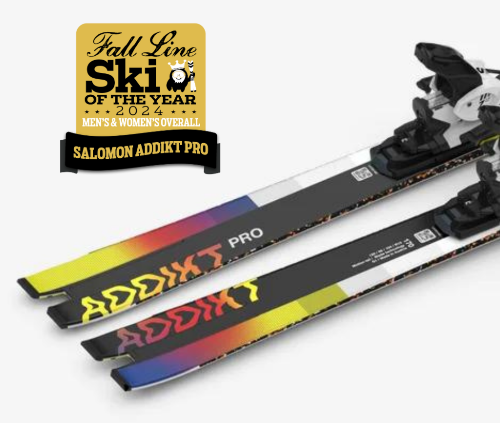 tails of Addikt Pro skis, with Fall Line SOTY badge