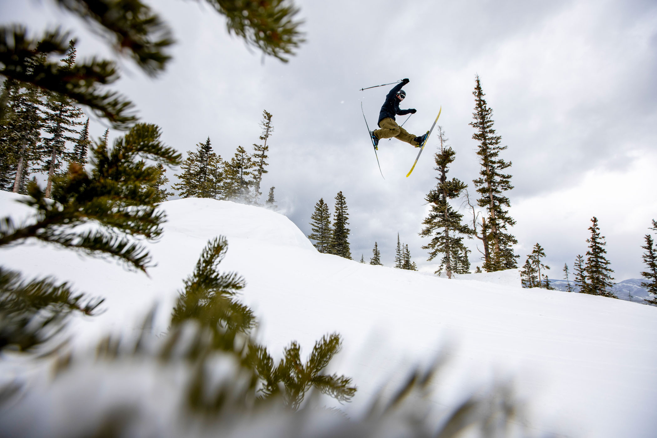 a daffy ski jump, photo taken through the branches of a tree