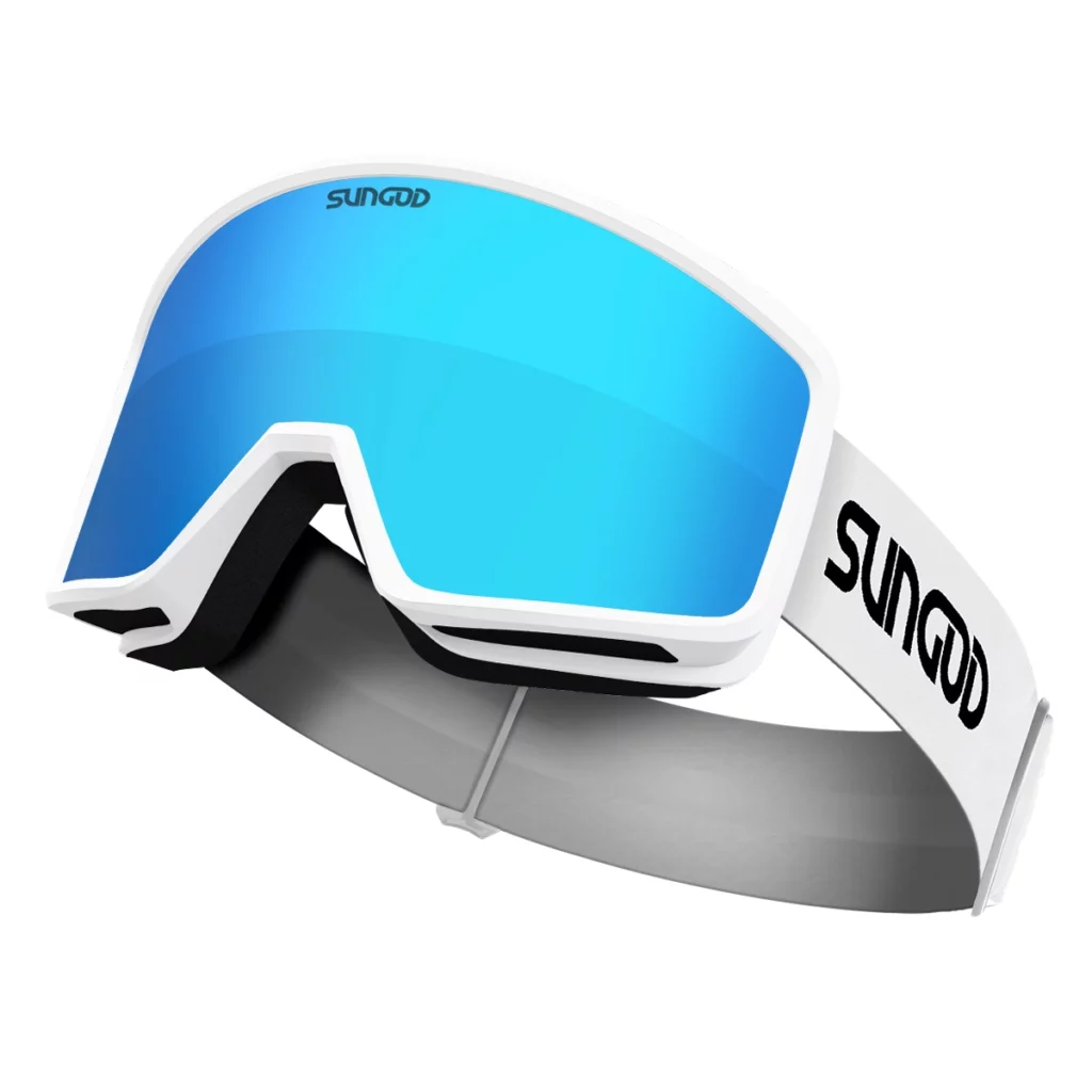 white ski goggles, blue lens