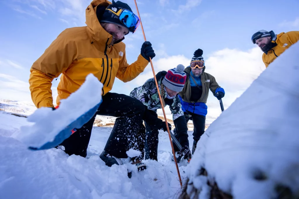 a group of four practice avalanche rescue skills, with a shovel and probe