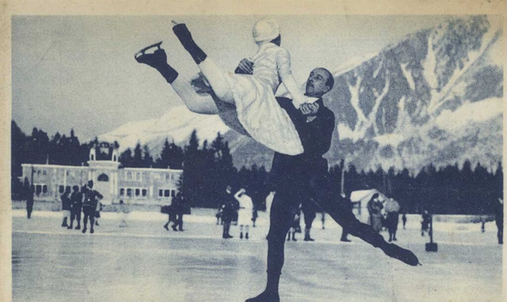 two ice skaters - the man flings the woman - in a black and white photo of the first Olympic Games in 1924 Chamonix