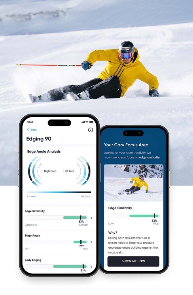 two phone screens are featured, showing the stats of ski instructor app Carv, above which is an image of a skier in a deep carve