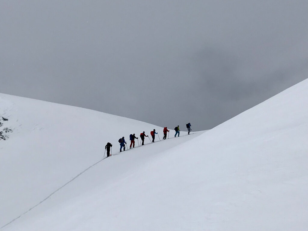 A line of eight ski tourers on a grey day head up over a rounded, featureless summit