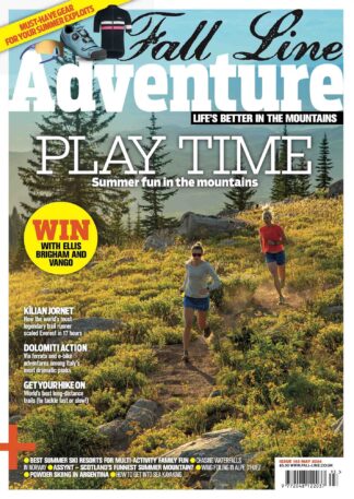 Fall Line Adventure magazine cover, featuring two female trail runners on a dusty trail